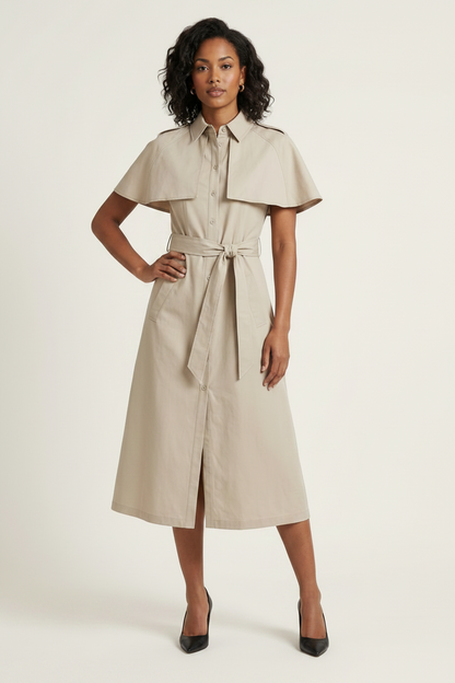 A woman models a light beige short-sleeve midi shirt dress with a collar, belt, and shoulder epaulets against a plain off-white studio background.