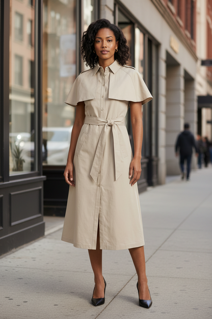 A woman stands on a city sidewalk wearing a light beige trench-style midi dress with short cape sleeves, a pointed collar, front buttons, and a self-tie waist belt. She is wearing dark pointed-toe heels, with storefronts and blurred pedestrians in the background.