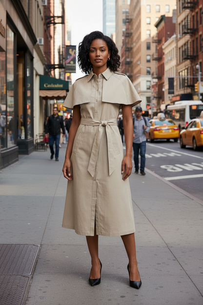 A woman stands on a city sidewalk wearing a beige midi shirt dress with a collar, short sleeves, and a self-tie waist belt. The background shows a busy urban street scene with pedestrians, yellow cabs, and buildings.