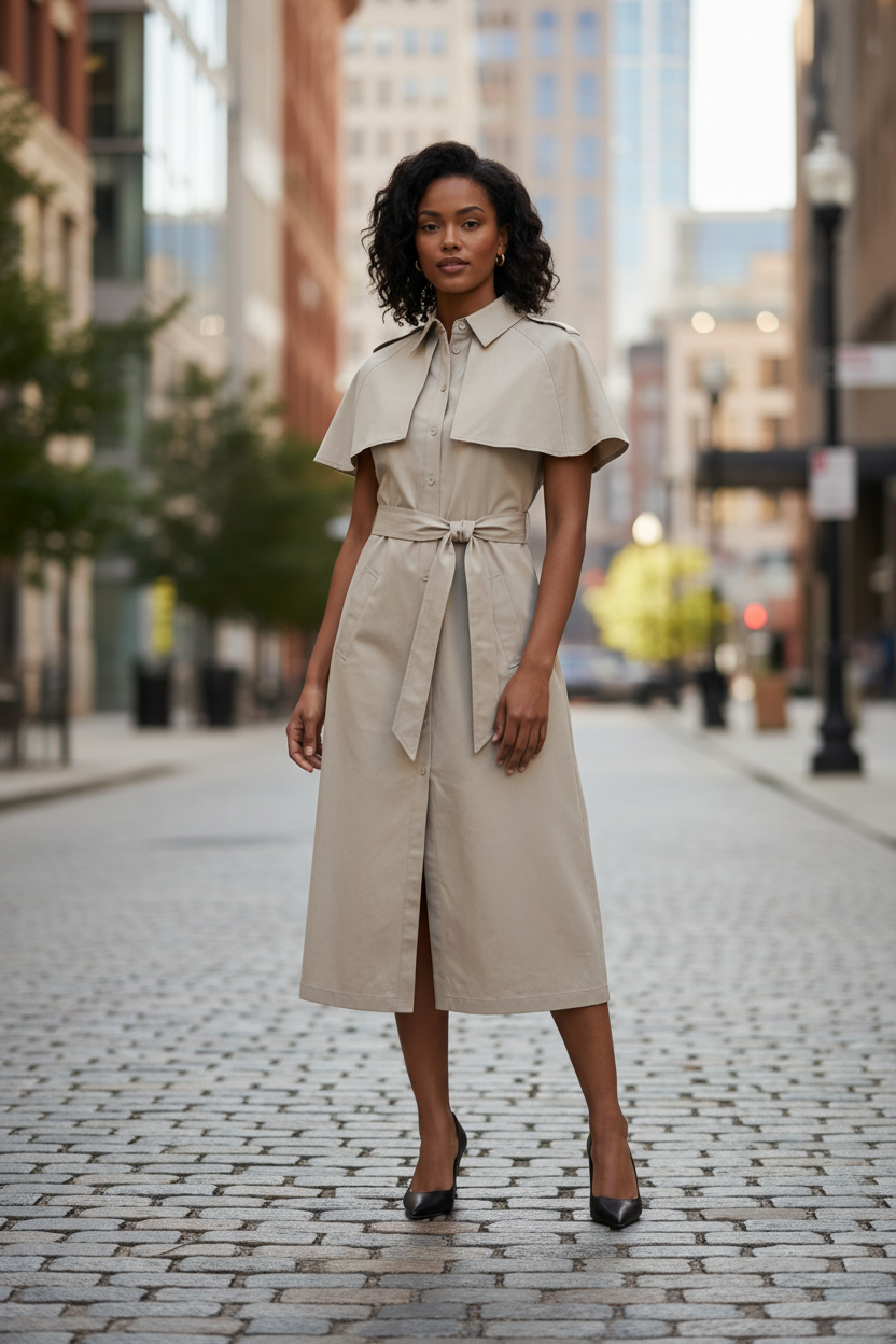 A woman stands on a cobblestone city street wearing a light beige midi dress with a structured collar, short sleeves, a self-tie waist belt, and a front slit. She is wearing black pointed-toe heels, with blurred buildings in the background.