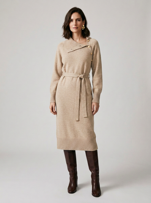 A woman models a beige knit wrap-style midi dress with a tie waist belt, paired with dark brown knee-high boots, against a neutral light gray studio background.