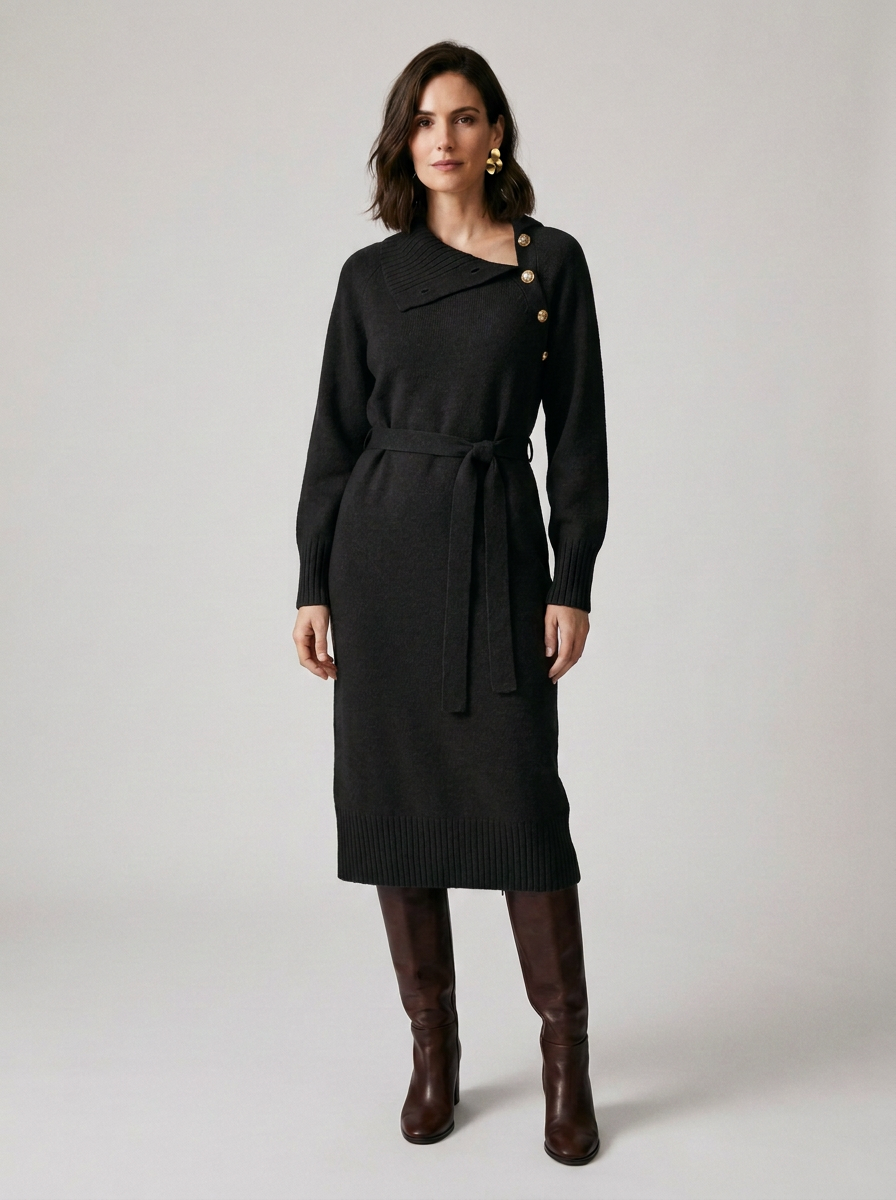 A woman models a black knit wrap-style midi dress with a tie waist and decorative gold buttons on the sleeve, paired with dark brown knee-high boots against a light gray studio background.
