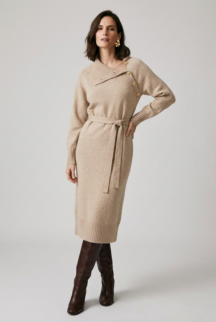 A woman models a beige knit wrap-style midi dress with a tie waist belt, paired with dark brown knee-high boots, against a neutral light gray studio background.