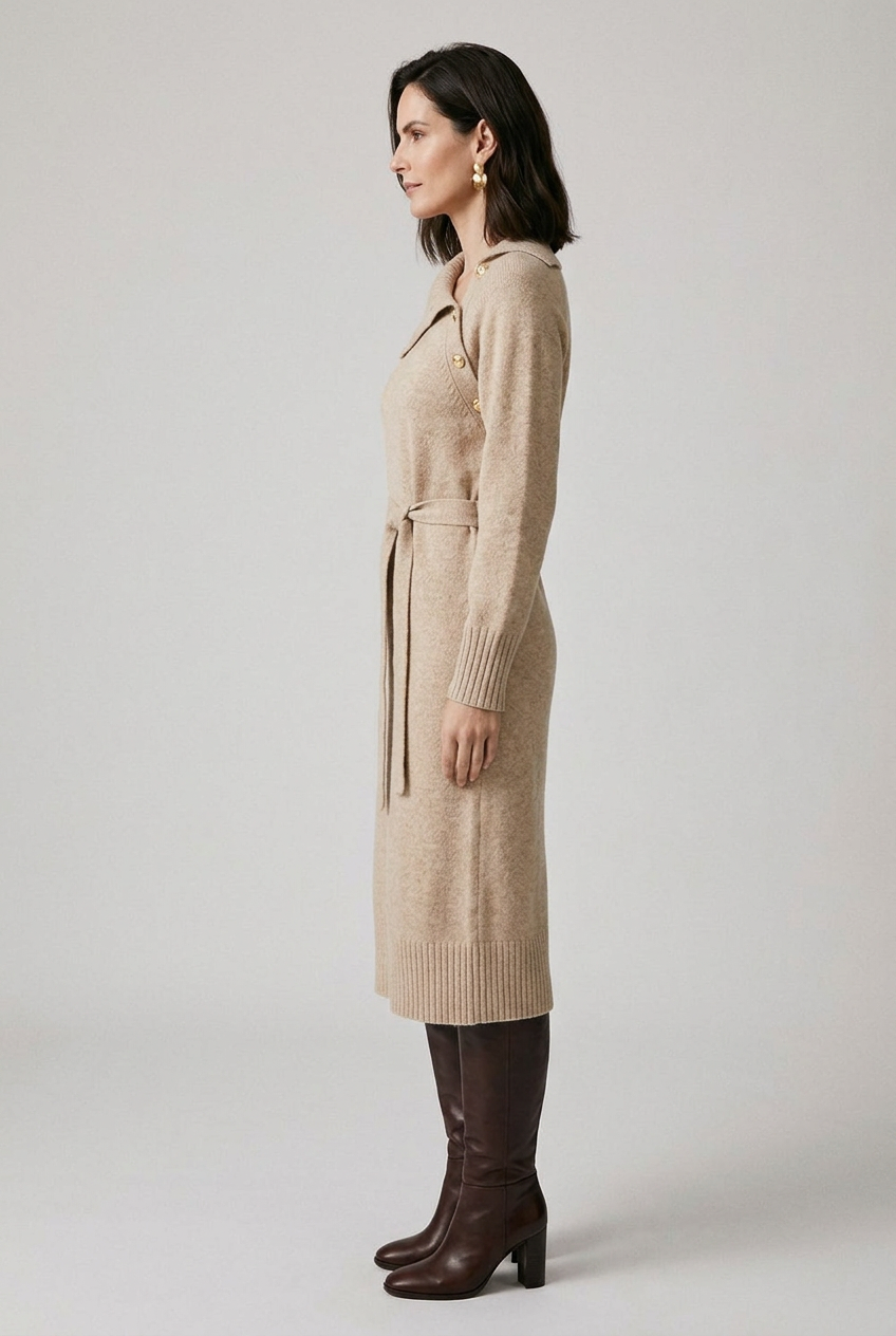 A woman models a beige knit wrap-style midi dress with a tie waist belt, paired with dark brown knee-high boots, against a neutral light gray studio background.