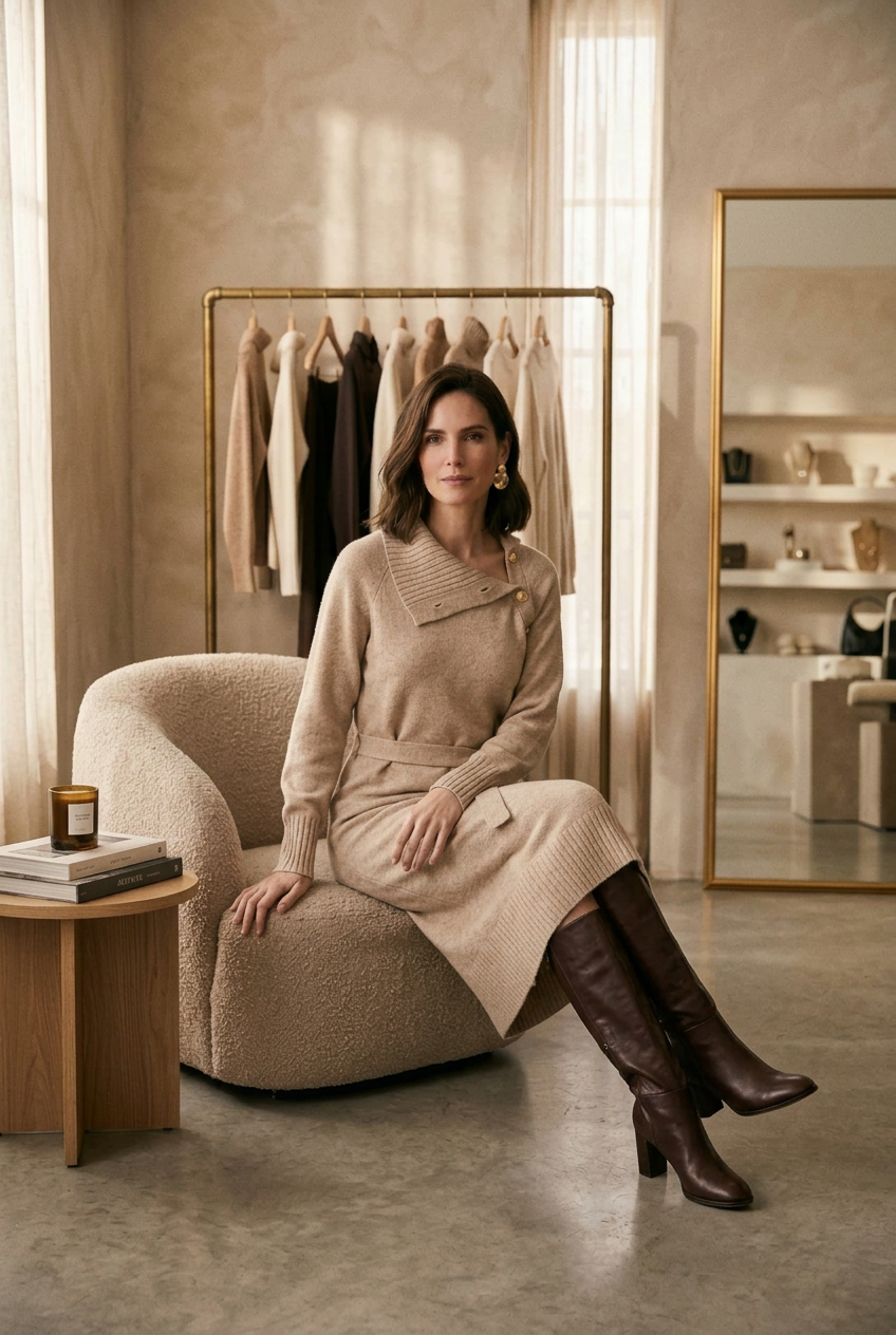 A woman stands in a softly lit boutique interior wearing a beige knit wrap-style midi dress with a tie waist and brown knee-high boots. A curved upholstered chair, clothing rack, side table, and mirror are visible in the room.