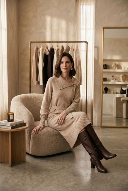A woman stands in a softly lit boutique interior wearing a beige knit wrap-style midi dress with a tie waist and brown knee-high boots. A curved upholstered chair, clothing rack, side table, and mirror are visible in the room.