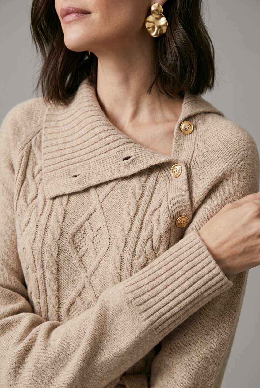 A woman models a beige knit wrap-style midi dress with a tie waist belt, paired with dark brown knee-high boots, against a neutral light gray studio background.