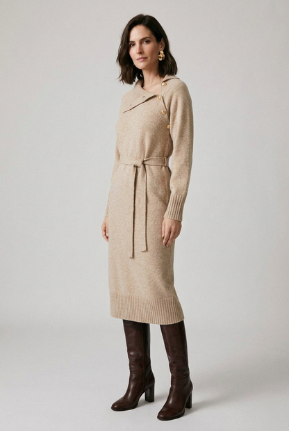 A woman models a beige knit wrap-style midi dress with a tie waist belt, paired with dark brown knee-high boots, against a neutral light gray studio background.