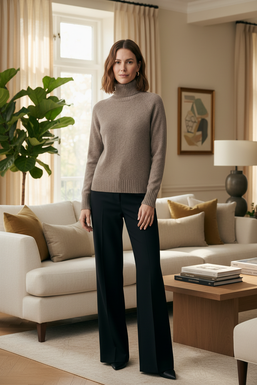 A woman wearing a taupe brown ribbed turtleneck sweater and black trousers, standing against a light gray studio background.