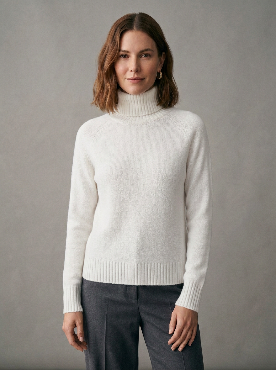 Turtleneck Merino Wool Sweater - Long Sleeve Knit Top in White, studio shot