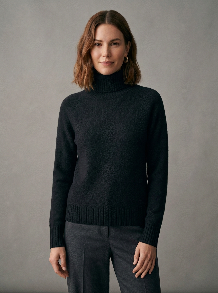 Turtleneck Merino Wool Sweater - Long Sleeve Knit Top in Black, studio shot