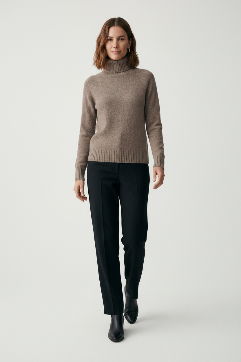 A woman wearing a taupe knit turtleneck sweater and dark trousers, standing against a neutral gray studio background.