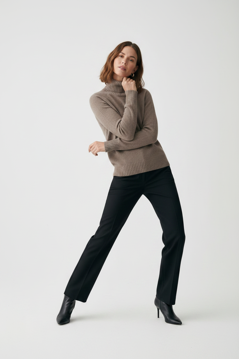 A woman wearing a taupe knit turtleneck sweater and dark trousers, standing against a neutral gray studio background.