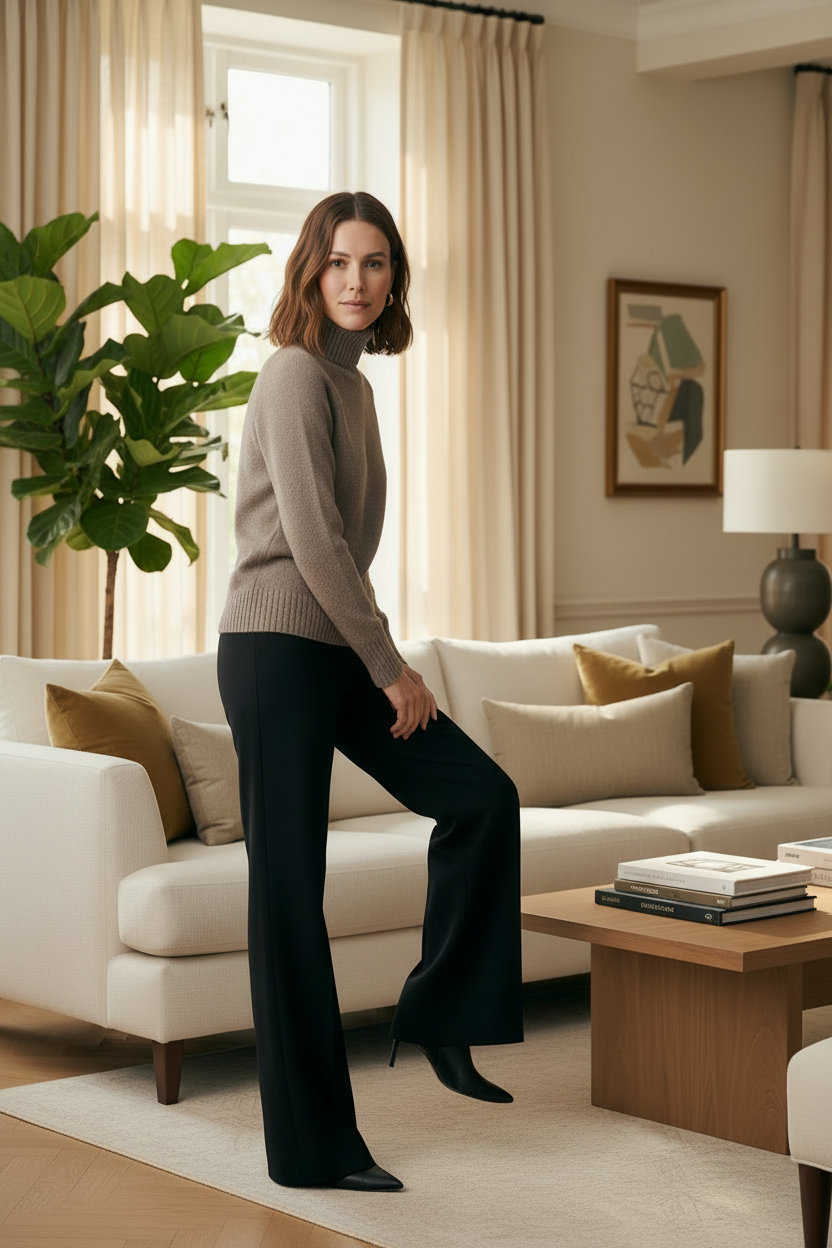 A woman stands in a modern living room wearing a taupe ribbed turtleneck sweater and black wide-leg trousers. The room features a cream sofa with beige and brown pillows, a wooden coffee table, and a large green plant in the background.