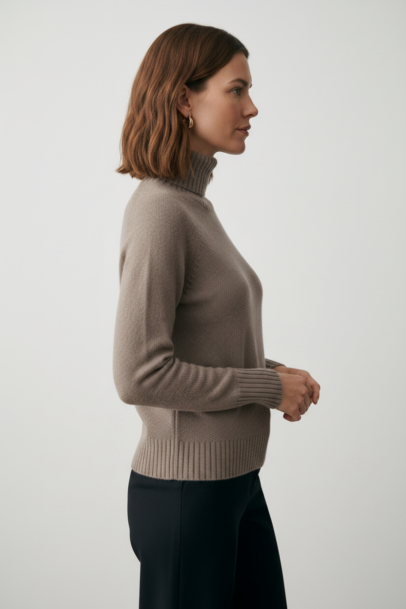 A woman wearing a taupe knit turtleneck sweater and dark trousers, standing against a neutral gray studio background.