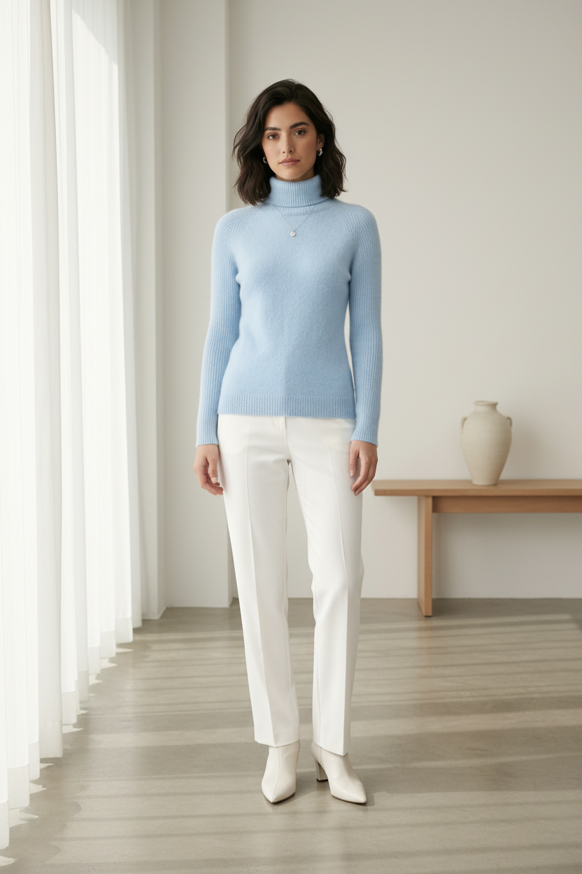 A woman stands against a plain light beige studio background wearing a light blue ribbed turtleneck sweater, white trousers, and white pointed-toe heels.