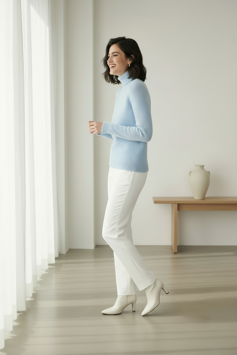 A woman stands in profile in a bright, minimalist room wearing a light blue turtleneck sweater, white pants, and white ankle boots. A small wooden table with a vase is visible in the background near a window with sheer curtains.