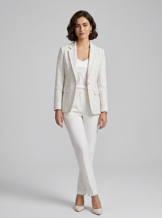 A woman modeling a light beige and white checkered blazer with white trousers, a white top, and beige heels, standing against a light gray studio background.