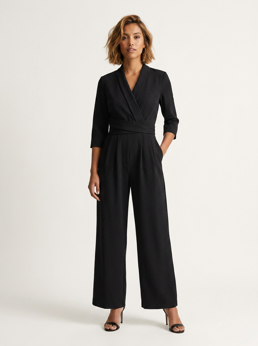 A woman modeling a black wrap-style jumpsuit with three-quarter sleeves, a self-tie waist belt, and wide legs, paired with black heeled sandals against a plain light background.