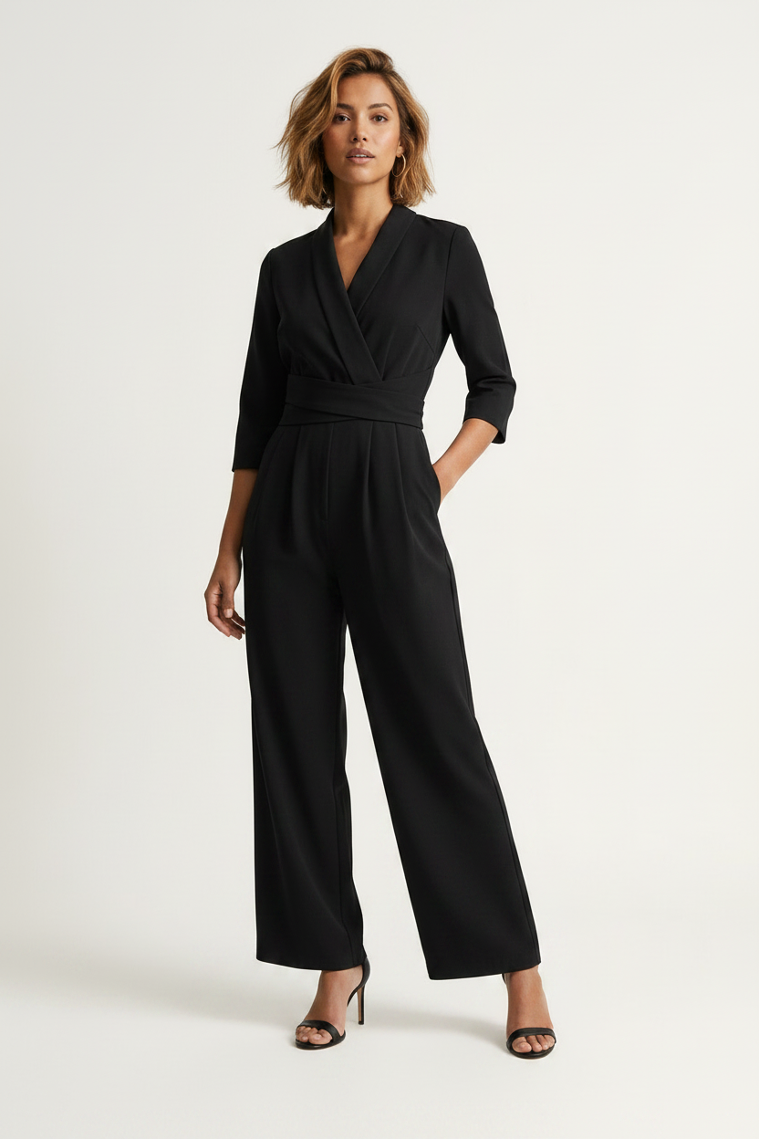 A woman modeling a black wrap-style jumpsuit with three-quarter sleeves, a self-tie waist belt, and wide legs, paired with black heeled sandals against a plain light background.