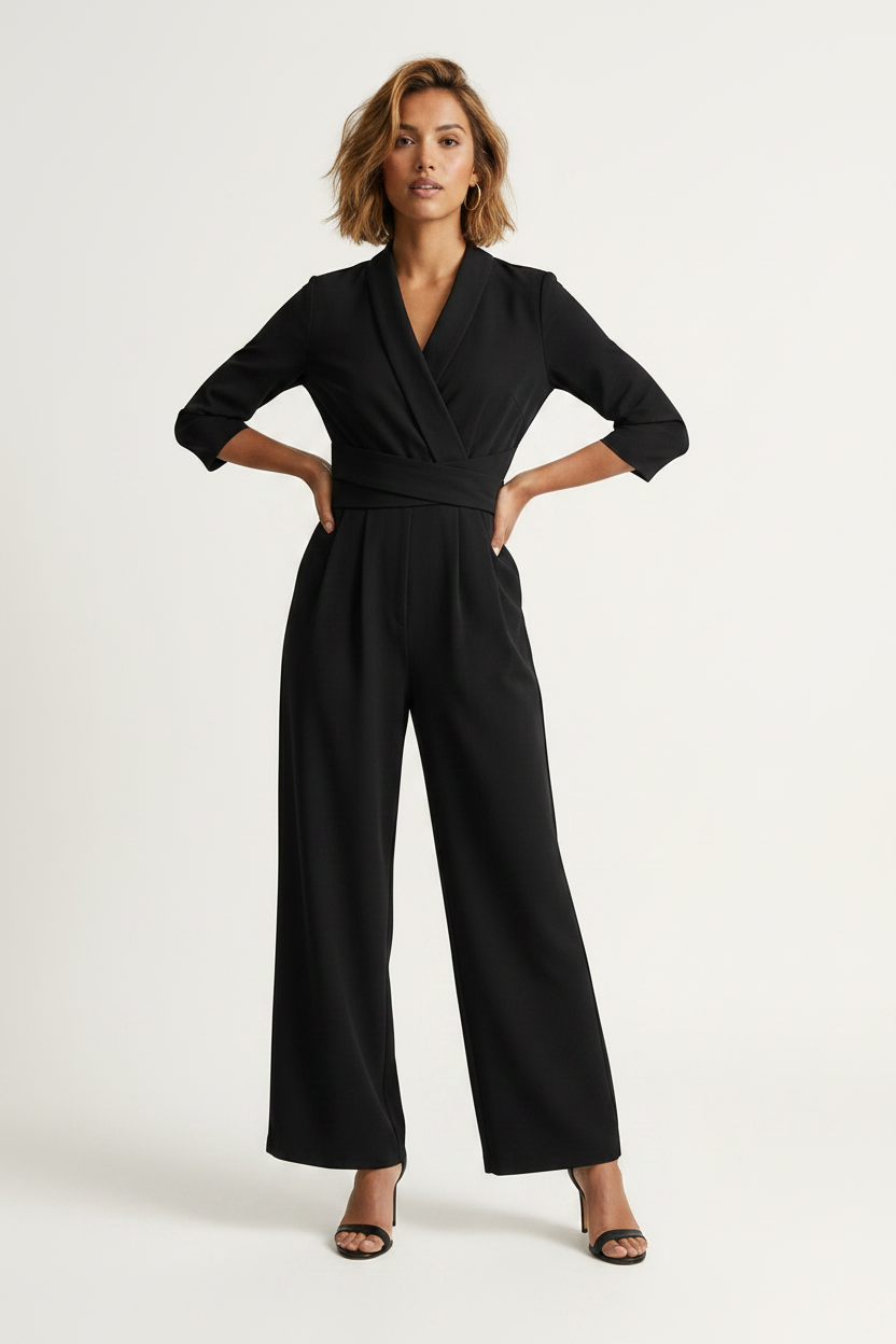 A woman modeling a black wrap-style jumpsuit with three-quarter sleeves, a self-tie waist belt, and wide legs, paired with black heeled sandals against a plain light background.