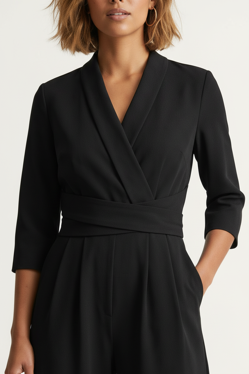 A woman modeling a black wrap-style jumpsuit with three-quarter sleeves, a self-tie waist belt, and wide legs, paired with black heeled sandals against a plain light background.