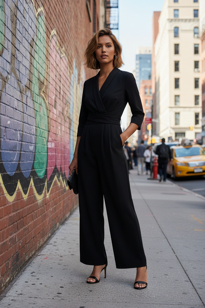 A woman stands on a city sidewalk wearing a black wrap-style wide-leg jumpsuit with three-quarter sleeves and black heeled sandals. A brick wall with colorful graffiti is on the left, and a street with buildings and a yellow taxi is in the background.