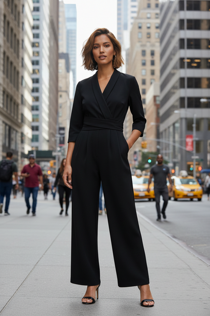 A woman stands on a city sidewalk wearing a black wrap-style jumpsuit with three-quarter sleeves and wide legs, photographed in an urban street setting with blurred pedestrians and yellow cabs in the background.