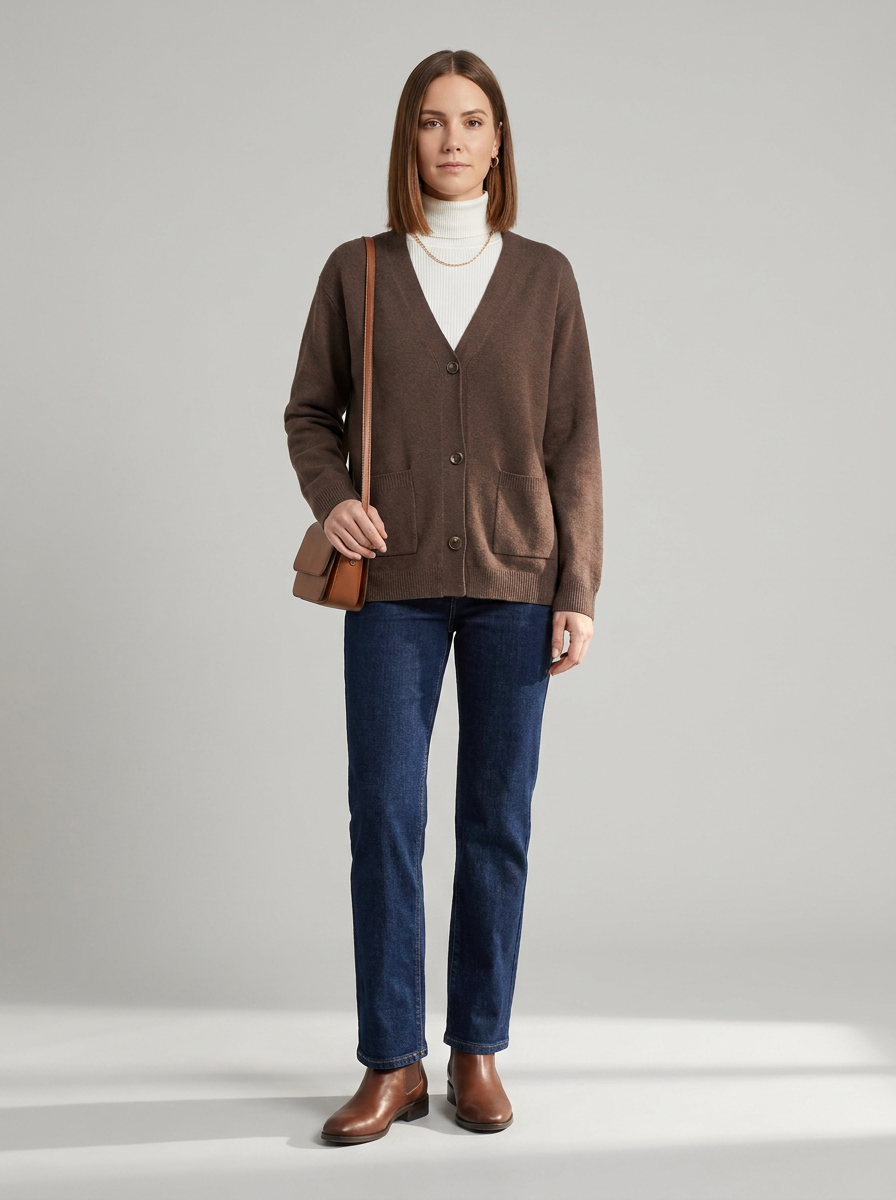 A woman stands against a light gray studio background wearing a brown button-front cardigan over a white turtleneck, dark blue jeans, and brown leather ankle boots, with a small brown shoulder bag.