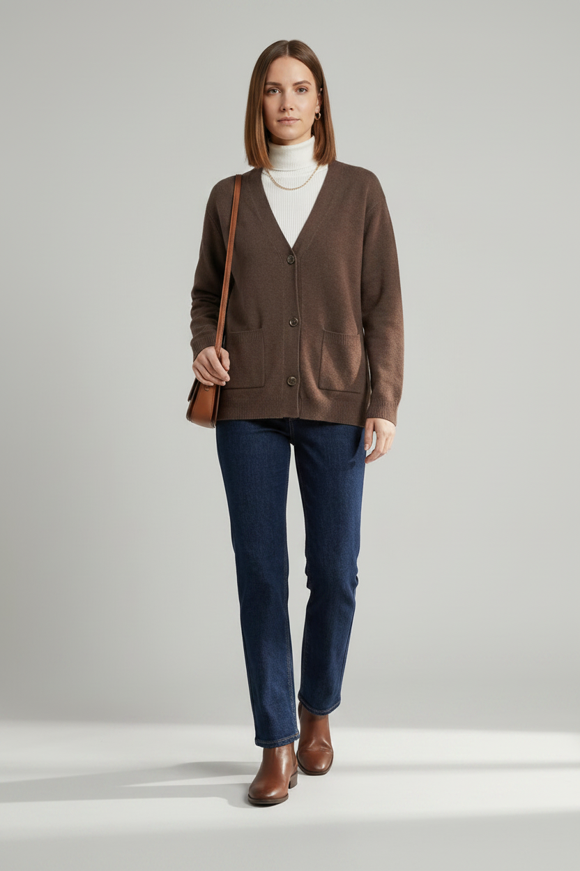 A woman stands against a light gray studio background wearing a brown button-front cardigan over a white turtleneck, dark blue jeans, and brown leather ankle boots, with a small brown shoulder bag.