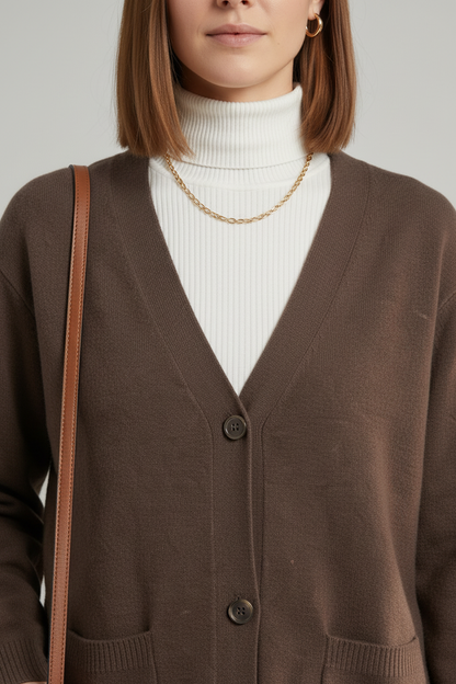 A woman stands against a light gray studio background wearing a brown button-front cardigan over a white turtleneck, dark blue jeans, and brown leather ankle boots, with a small brown shoulder bag.