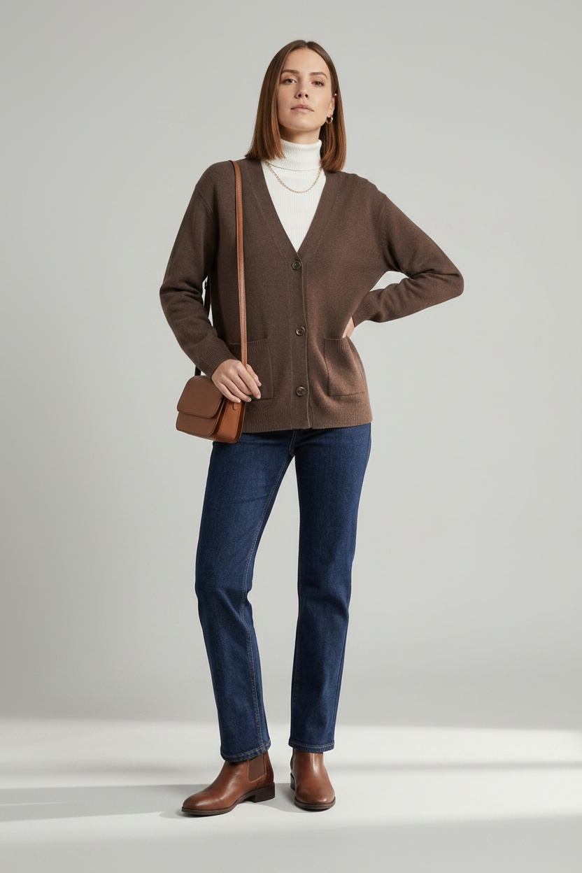 A woman stands against a light gray studio background wearing a brown button-front cardigan over a white turtleneck, dark blue jeans, and brown leather ankle boots, with a small brown shoulder bag.