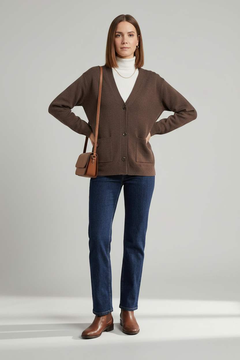A woman stands against a light gray studio background wearing a brown button-front cardigan over a white turtleneck, dark blue jeans, and brown leather ankle boots, with a small brown shoulder bag.