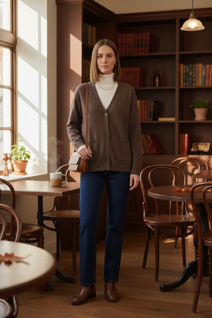 A woman stands against a light gray studio background wearing a brown button-front cardigan over a white turtleneck, dark blue jeans, and brown leather ankle boots, with a small brown shoulder bag.