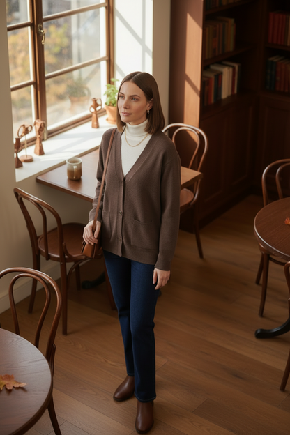 A woman stands in a warm, sunlit cafe or study interior wearing a brown button-front cardigan over a white turtleneck, dark blue jeans, and brown ankle boots. She carries a small beige shoulder bag.