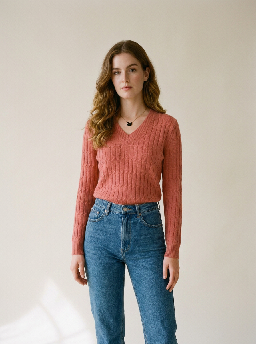 V-Neck Cable Knit Sweater with Ribbed Trim in Brick Red, studio shot