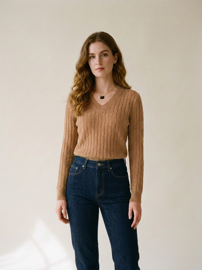 A woman modeling a ribbed knit V-neck sweater in camel brown, paired with dark blue jeans, against a plain light beige studio background.
