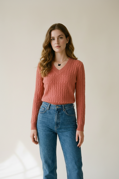 A woman modeling a ribbed long-sleeve V-neck sweater in a dusty rose pink color, paired with high-waisted blue jeans, against a plain beige studio background.