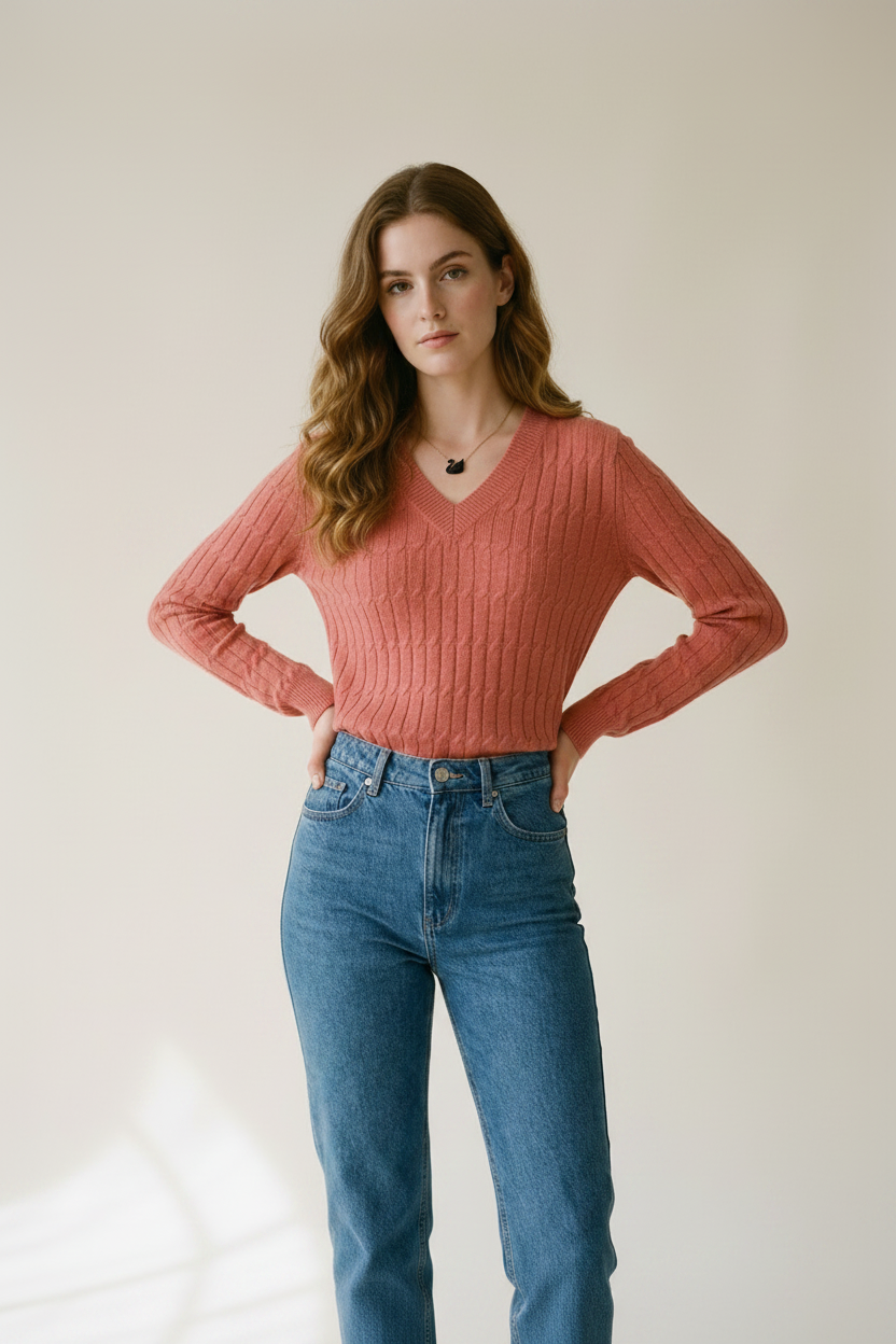 A woman modeling a ribbed long-sleeve V-neck sweater in a dusty rose pink color, paired with high-waisted blue jeans, against a plain beige studio background.