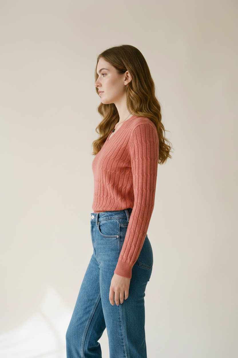 A woman modeling a ribbed long-sleeve V-neck sweater in a dusty rose pink color, paired with high-waisted blue jeans, against a plain beige studio background.