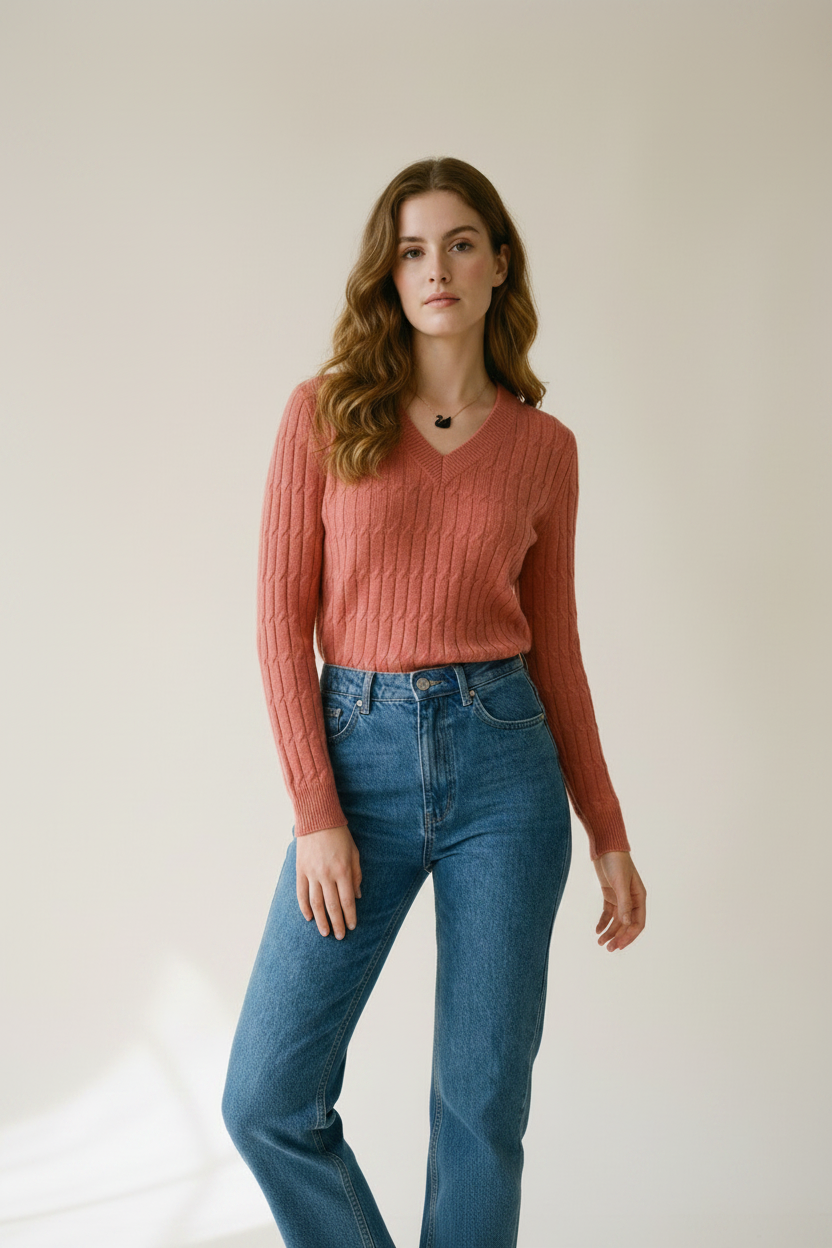 A woman modeling a ribbed long-sleeve V-neck sweater in a dusty rose pink color, paired with high-waisted blue jeans, against a plain beige studio background.