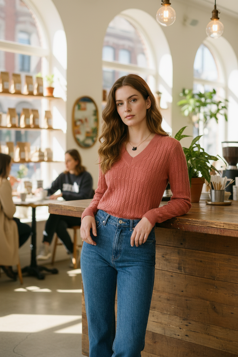 A woman modeling a ribbed long-sleeve V-neck sweater in a dusty rose pink color, paired with high-waisted blue jeans, against a plain beige studio background.