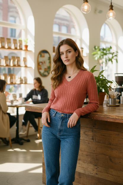 A woman modeling a ribbed long-sleeve V-neck sweater in a dusty rose pink color, paired with high-waisted blue jeans, against a plain beige studio background.