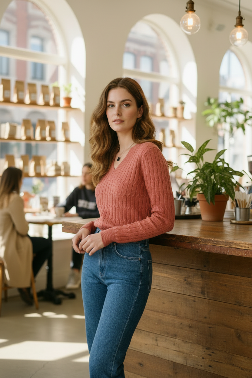 A woman with wavy brown hair stands in a bright, sunlit cafe wearing a ribbed V-neck long-sleeve sweater in a dusty rose pink color and blue jeans.