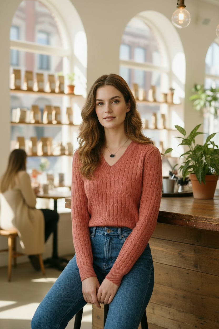A woman with wavy brown hair stands in a bright, sunlit cafe wearing a ribbed V-neck long-sleeve sweater in a dusty rose pink color and blue jeans.