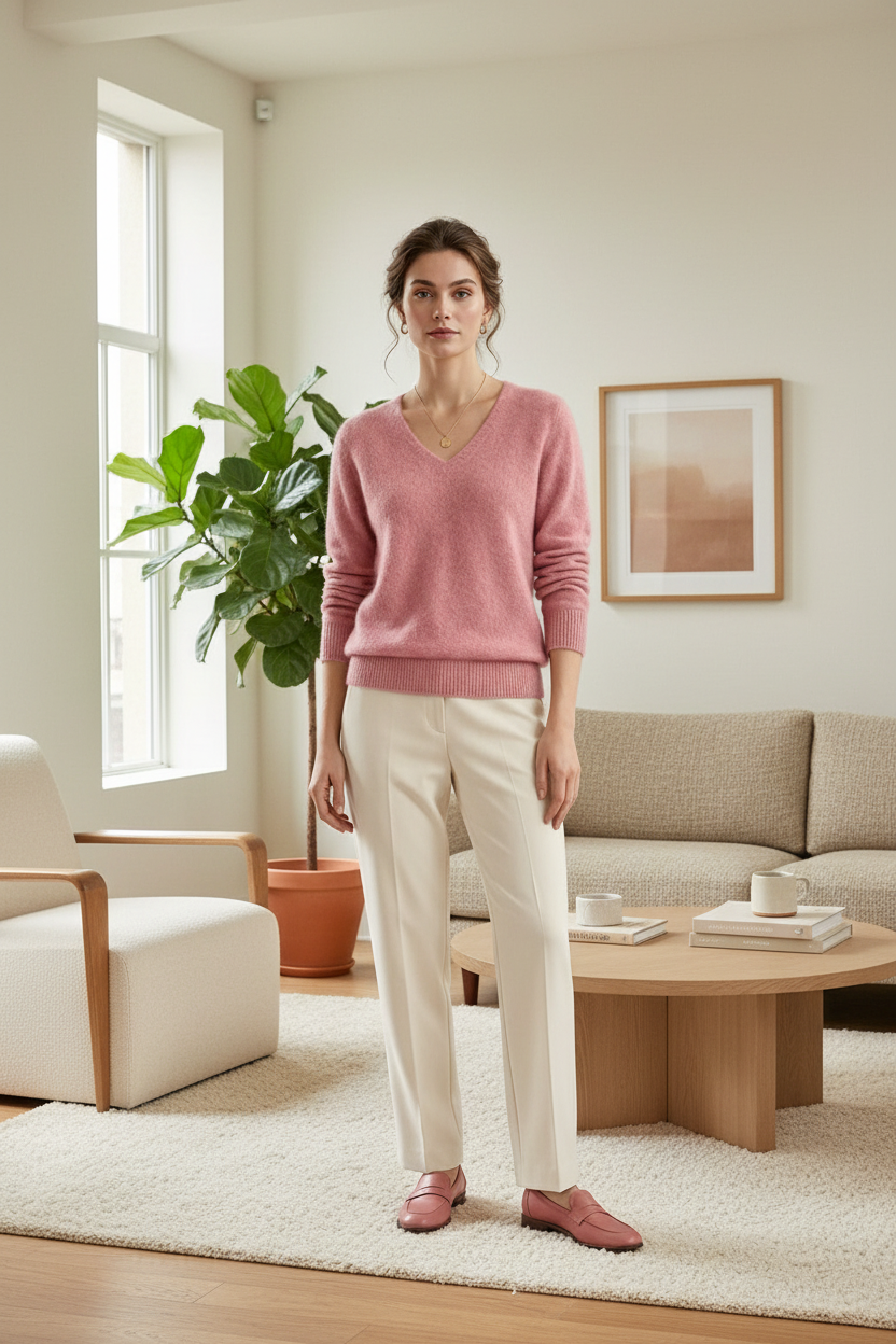 A woman stands against a light gray studio backdrop wearing a dusty pink V-neck knit sweater, cream trousers, and matching pink loafers.