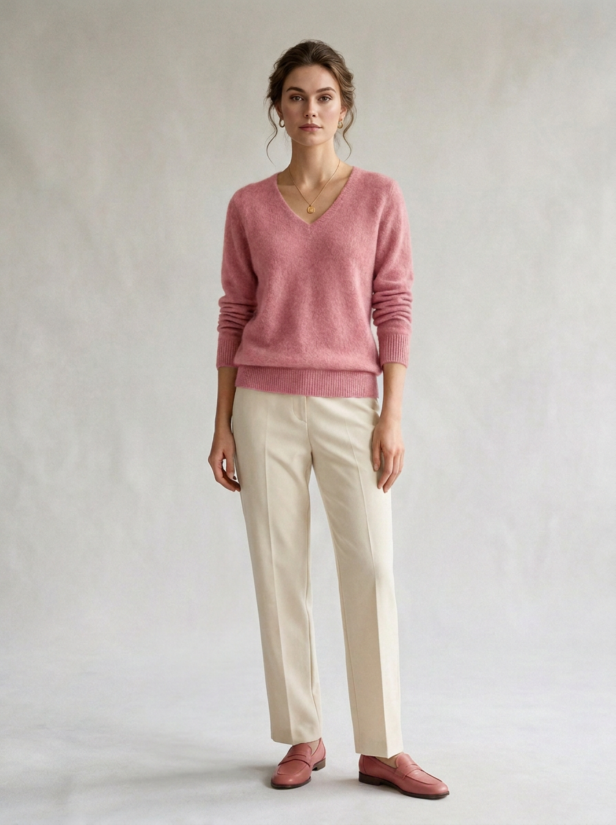 A woman stands against a light gray studio backdrop wearing a dusty pink V-neck knit sweater, cream trousers, and matching pink loafers.