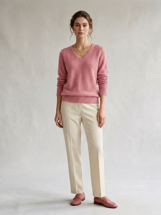 A woman stands against a light gray studio backdrop wearing a dusty pink V-neck knit sweater, cream trousers, and matching pink loafers.