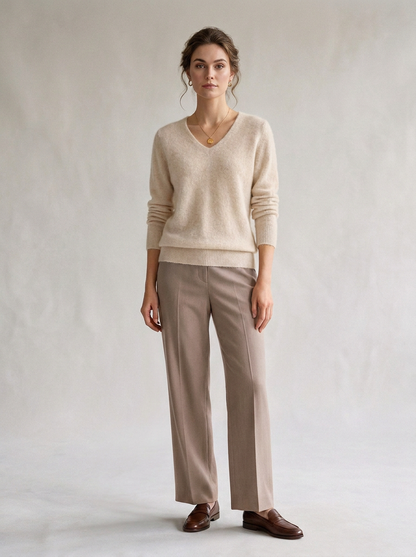 A woman stands against a soft neutral studio backdrop wearing a light beige V-neck sweater, taupe wide-leg trousers, and dark brown loafers.