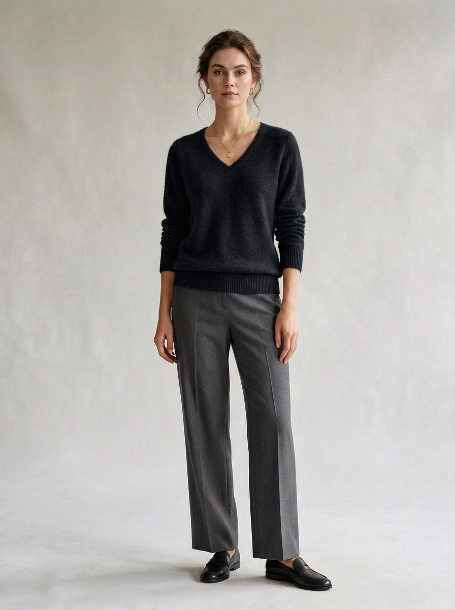 A woman stands against a light gray textured studio backdrop wearing a dark charcoal V-neck sweater, gray wide-leg trousers, and black loafers.